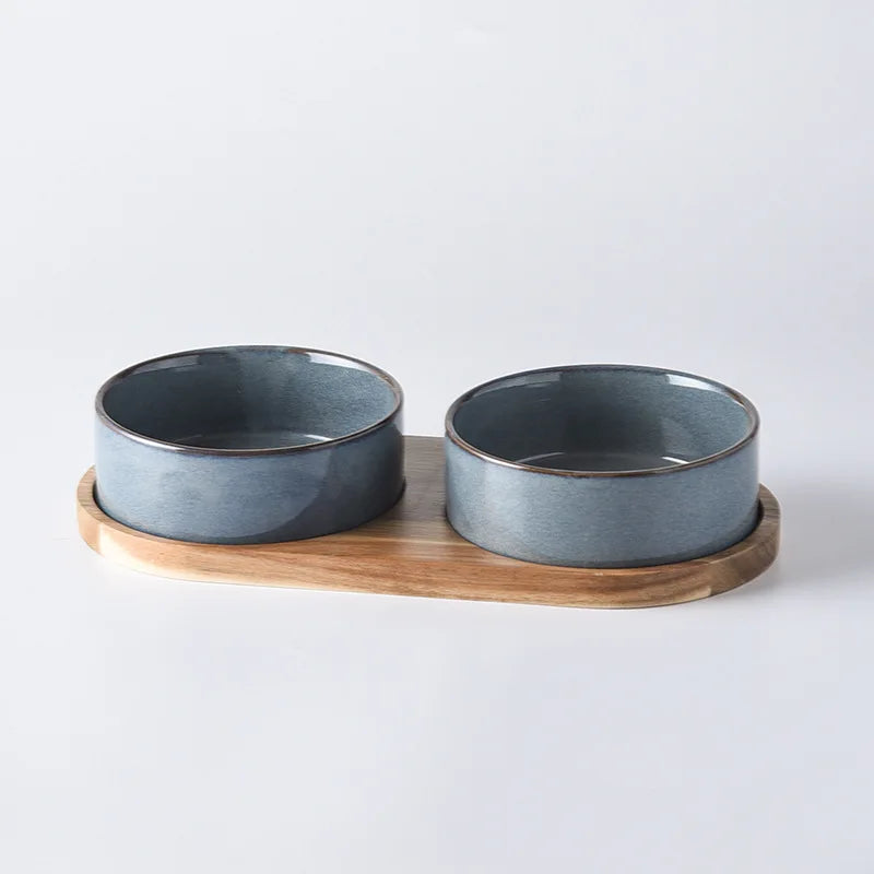 S649163a806a4462480bec328d2372752V.jpg Ceramic Bowls w/ Wooden Tray - Image 1